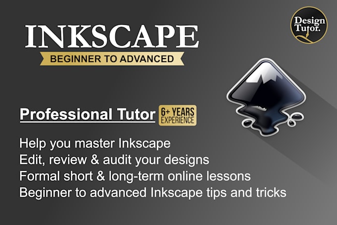 Inkscape training artwork with the Inkscape logo and beginner to advanced lesson topics